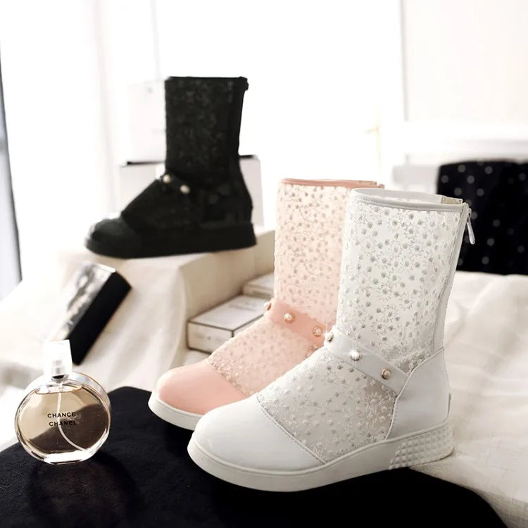 Women's Leather Splicing Mesh Pearl Metal Decoration Zipper Ankle Boots