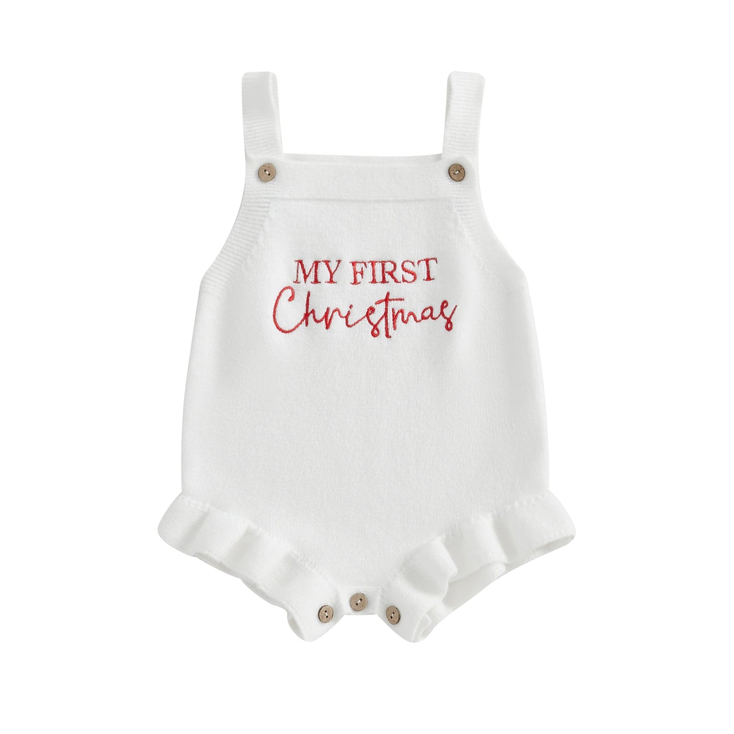 Baby Girl's Knit Romper - Sleeveless Square Neck Letter Embroidery Ruffle