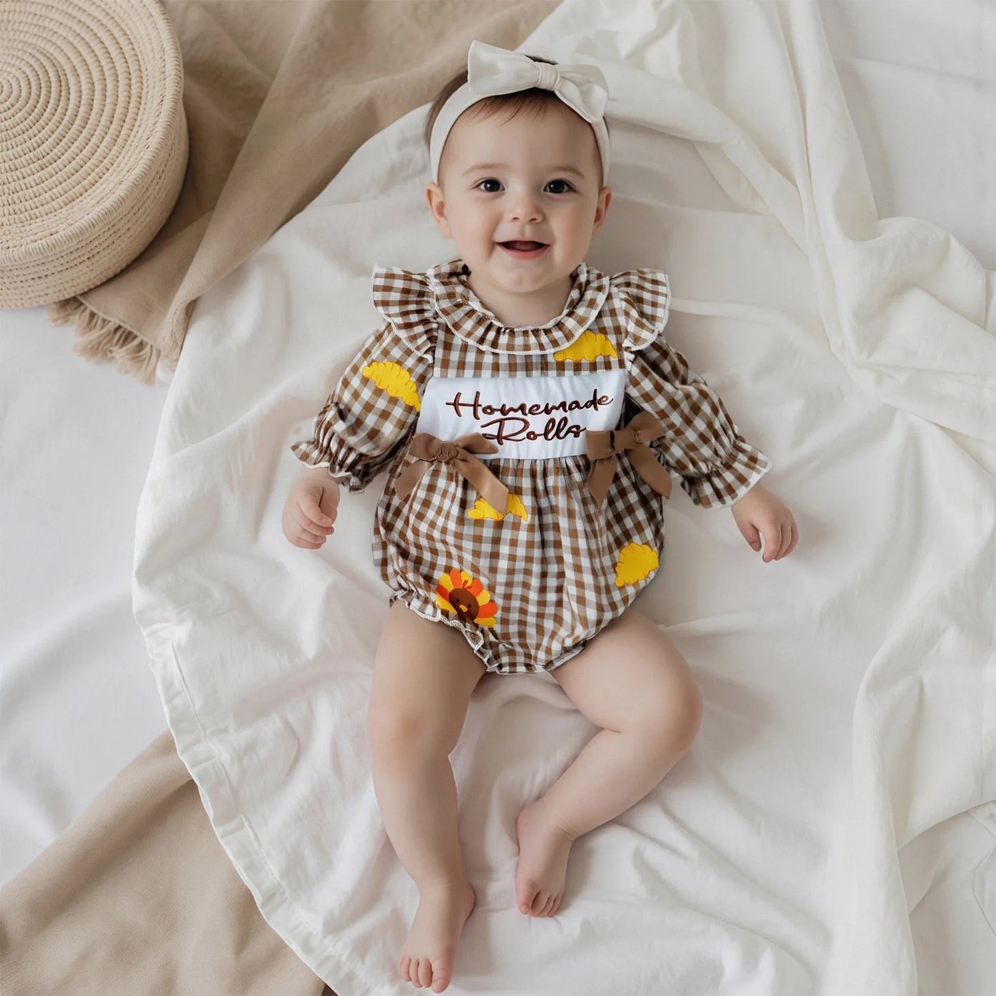 Baby Thanksgiving Romper - Long Sleeve Plaid Print Turkey Embroidery Bubble Jumpsuit