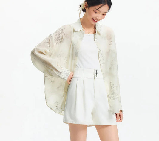 Women's Long Sleeve Oversized Shirt - Mid-Length Relaxed Fit with Artistic Ink Print