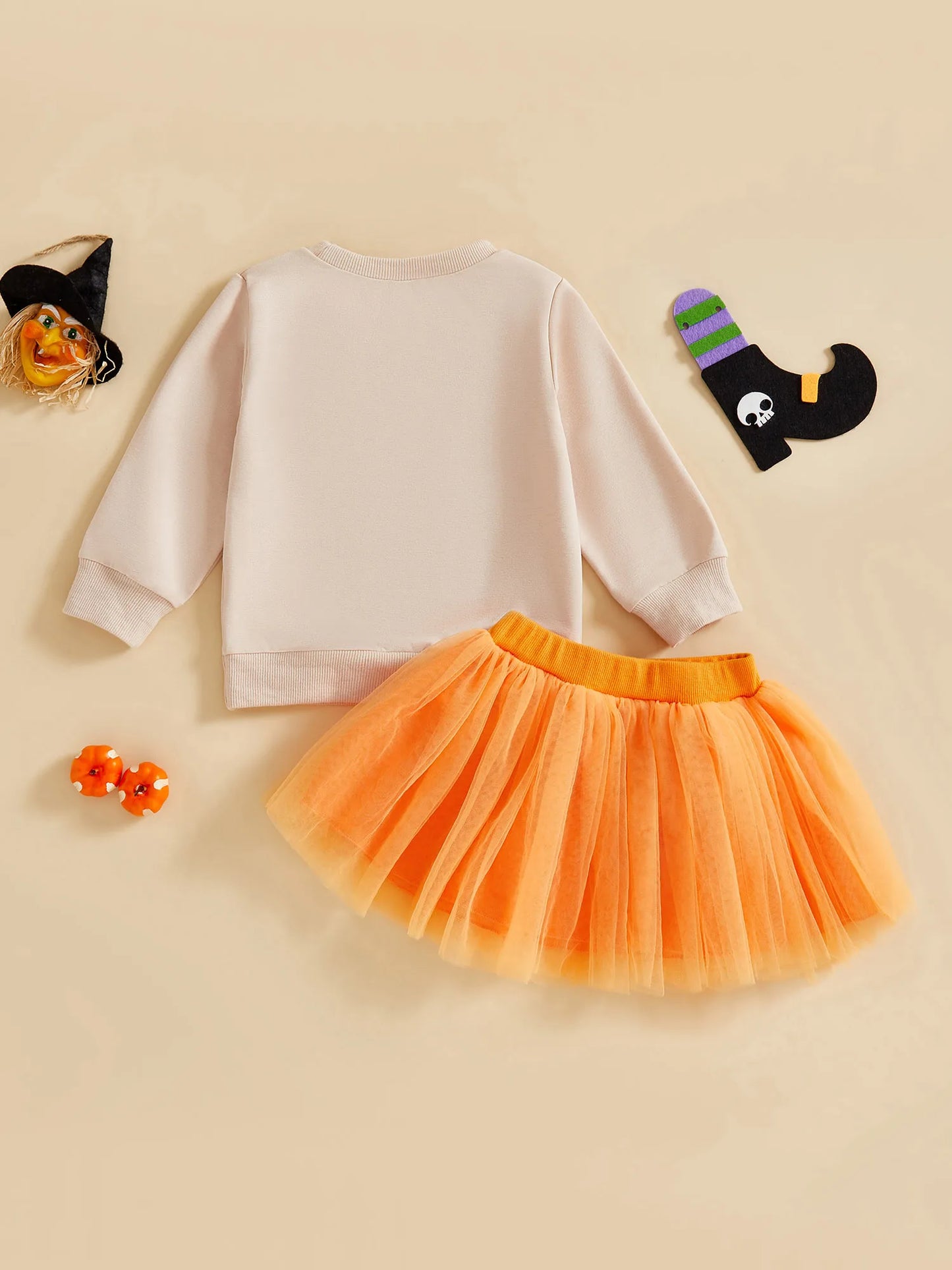 Baby Girl's Halloween Outfit Set - Cartoon Letter Sweatshirt & Ghost Tulle Skirt