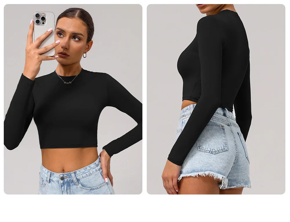 Women's Slim Fit Yoga Shirt Solid Colour Long Sleeve Gym Running Top Breathable Quick Dry Workout Crop Top Sportswear