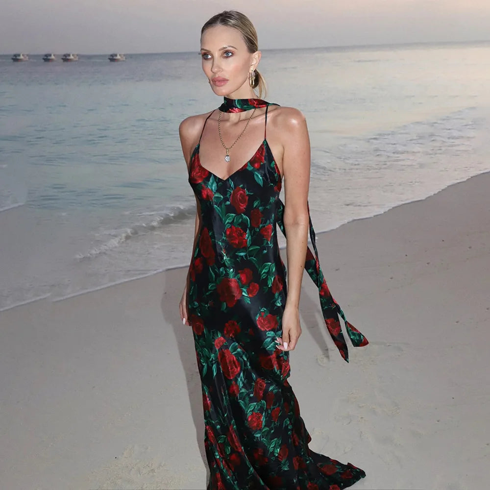 Women's Floral Print V Neck Scarf Draped Maxi Summer Backless Outfit Party Dress