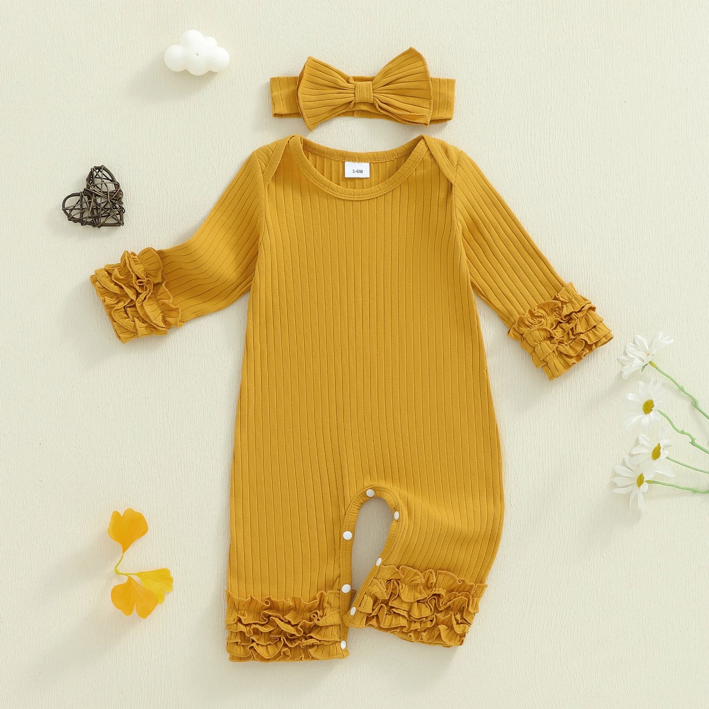 Baby Girls Solid Colour Romper with Bow Headband (0-18M)