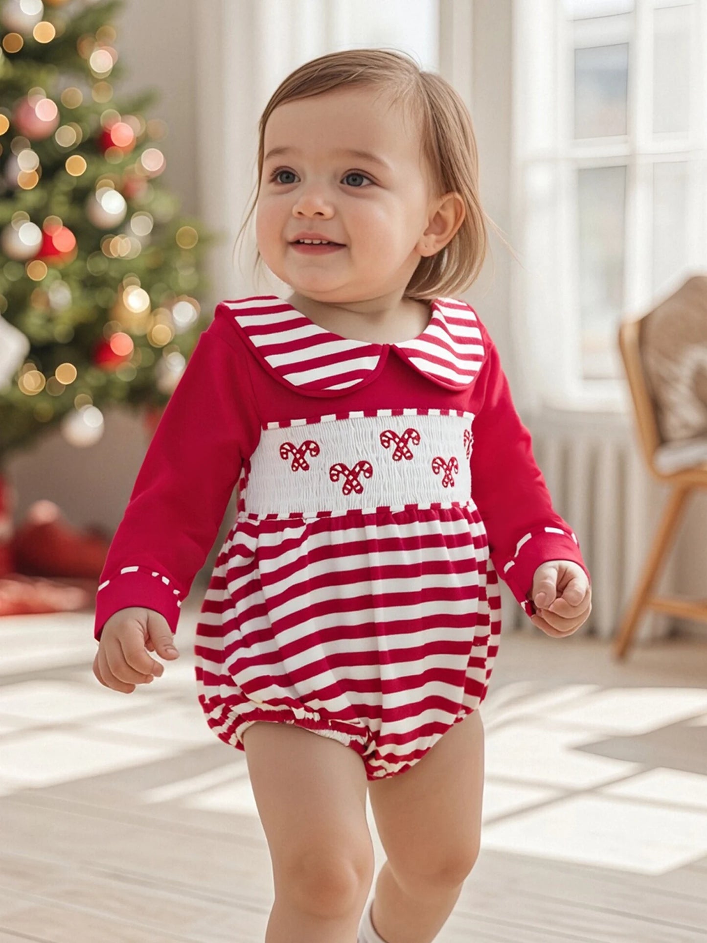 Baby Christmas Romper - Candy Cane Embroidery Long Sleeve Smocked Striped Jumpsuit