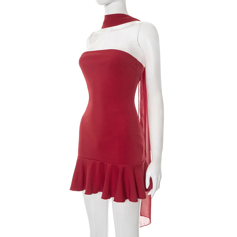 Women's Ruffled Strapless Mini Dress - Red Backless Bodycon with Neck Scarf