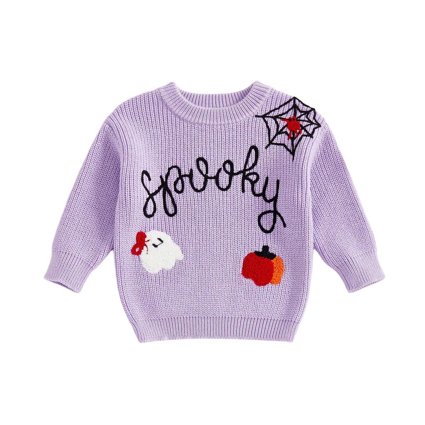 Baby Halloween Knit Sweater - Letter Ghost Pumpkin Spider Web Embroidery