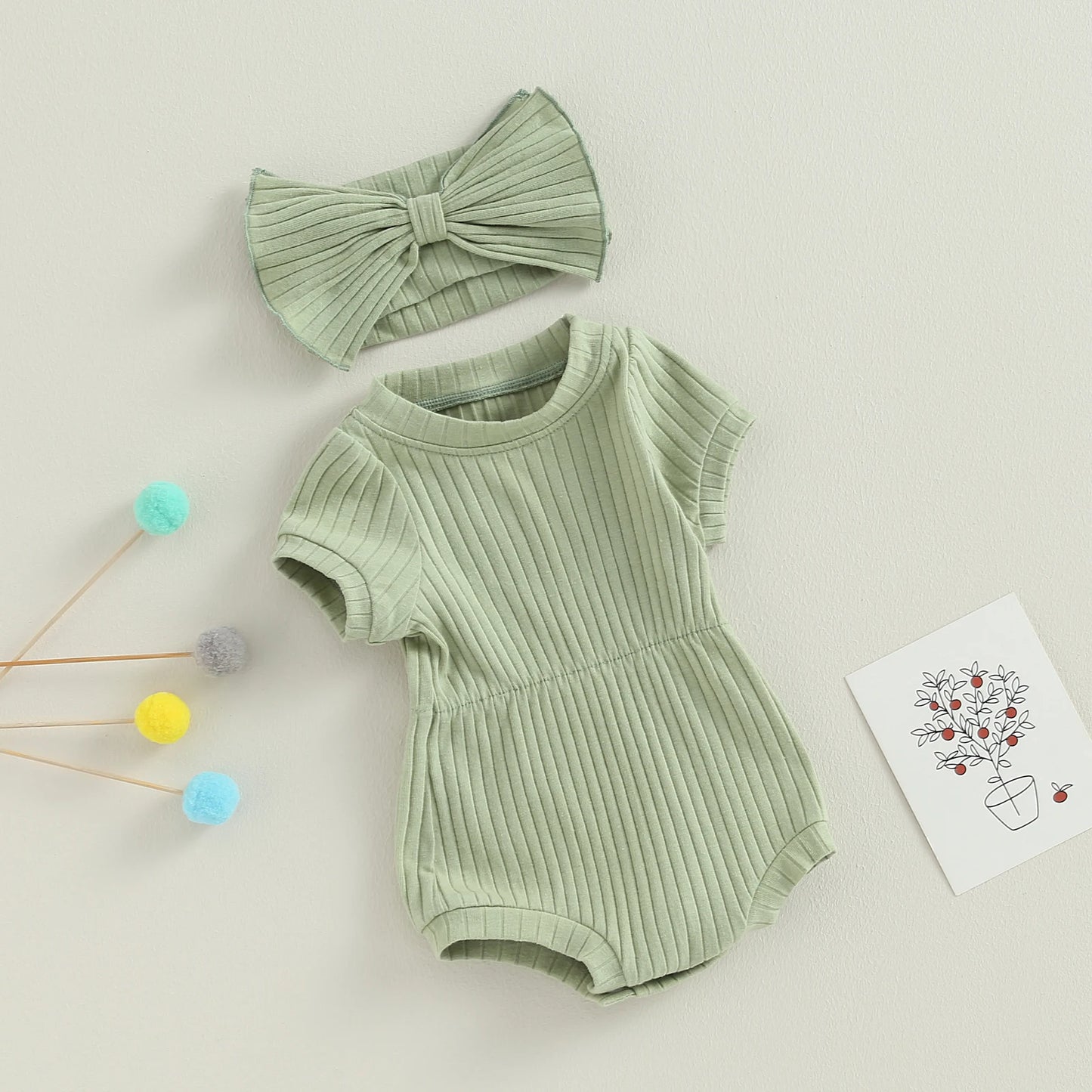Newborn Baby Girl Romper Set - Short Sleeve Jumpsuit with Bow Headband (3 Colours)