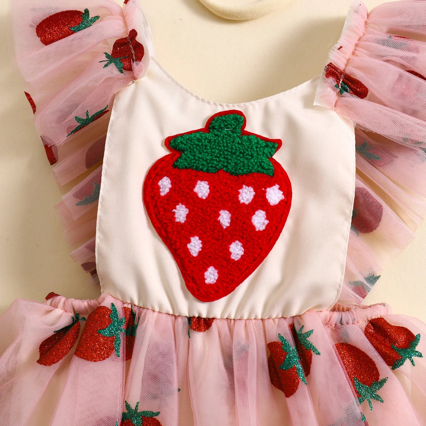 0-18M Princess Baby Girls Summer Romper Dress Strawberry Embroidery Fly Sleeve Mesh Tulle Jumpsuit with Bow Headband