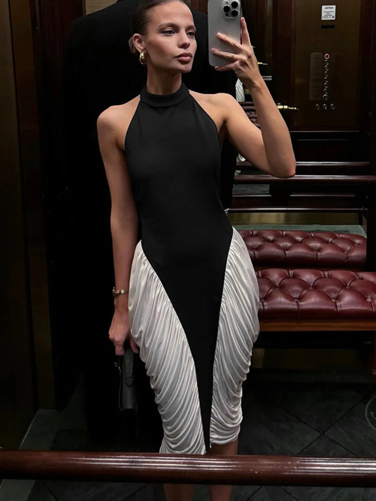 Women's Patchwork Halter Backless Midi  Contrast Color Sleeveless Pleated Long Dress