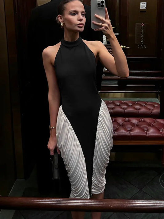 Women's Patchwork Halter Backless Midi  Contrast Color Sleeveless Pleated Long Dress
