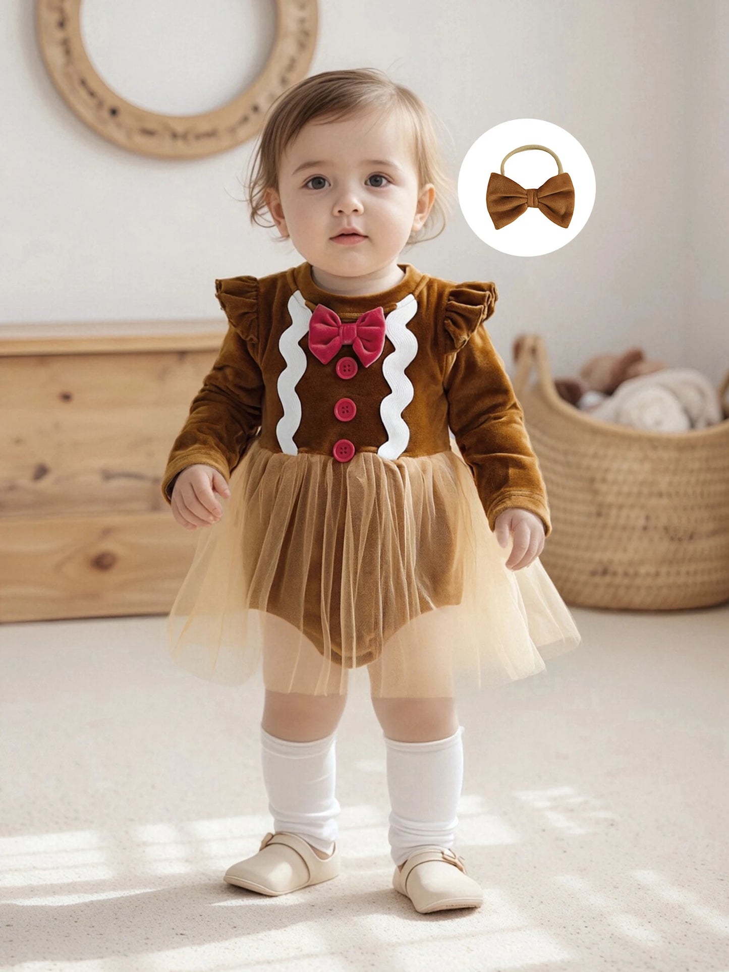 Baby Girls Christmas Gingerbread Man Romper Dress with Bow Headband (0-18M)