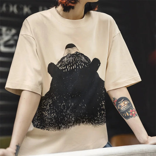 Women's Apricot Bear Print Oversized T-Shirt - Cute Loose Fit Ribbed Crew Neck Summer Tee
