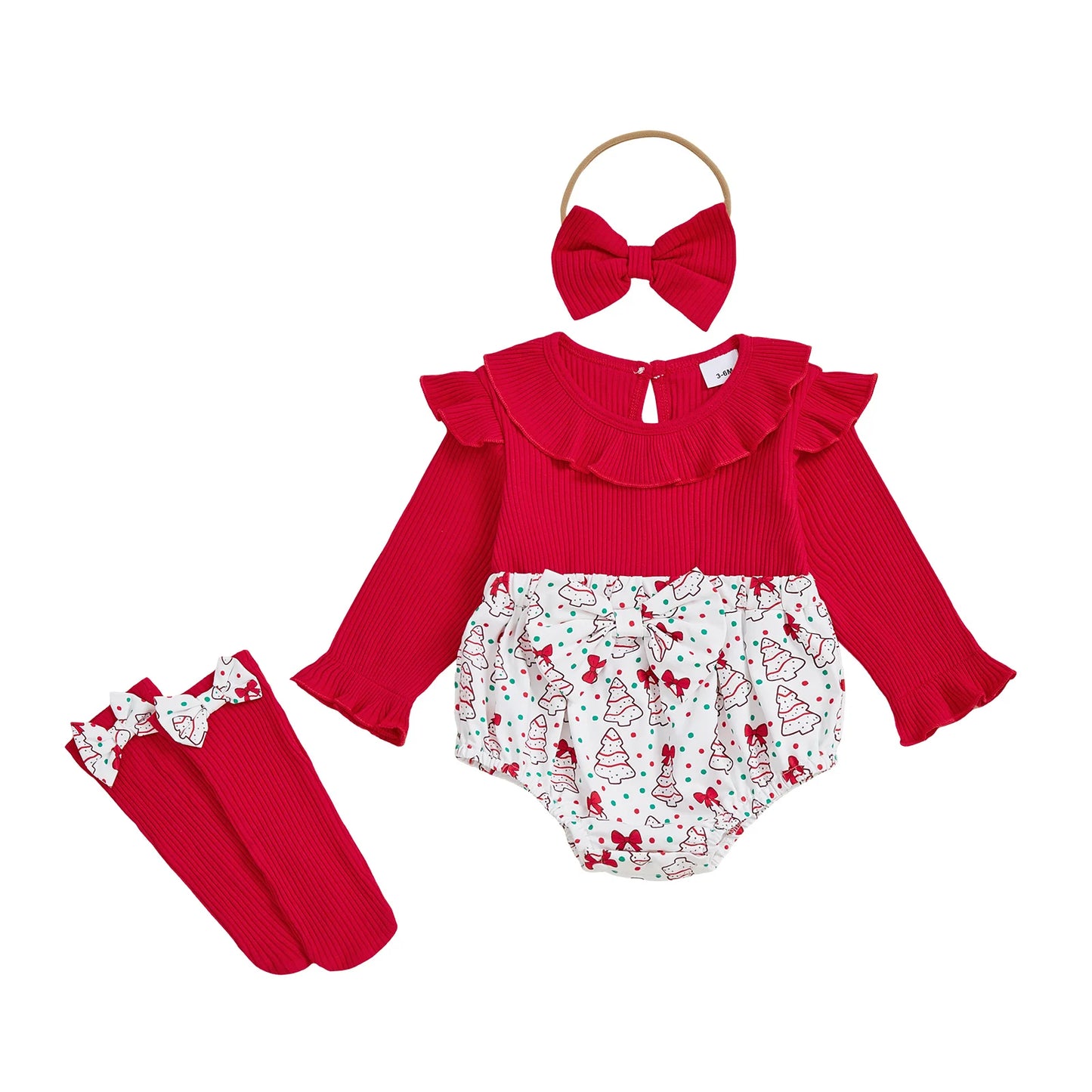 Baby Girls Christmas Romper Set - Santa Tree Bow Print Long Sleeve Ruffle Jumpsuit with Headband & Socks