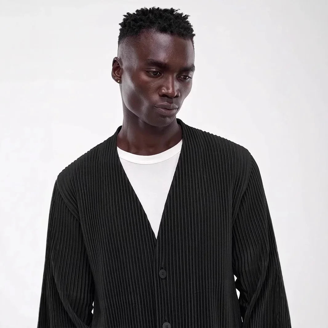Men's Japanese Pleated Premium Sense Jacket Casual Loose Collarless Set