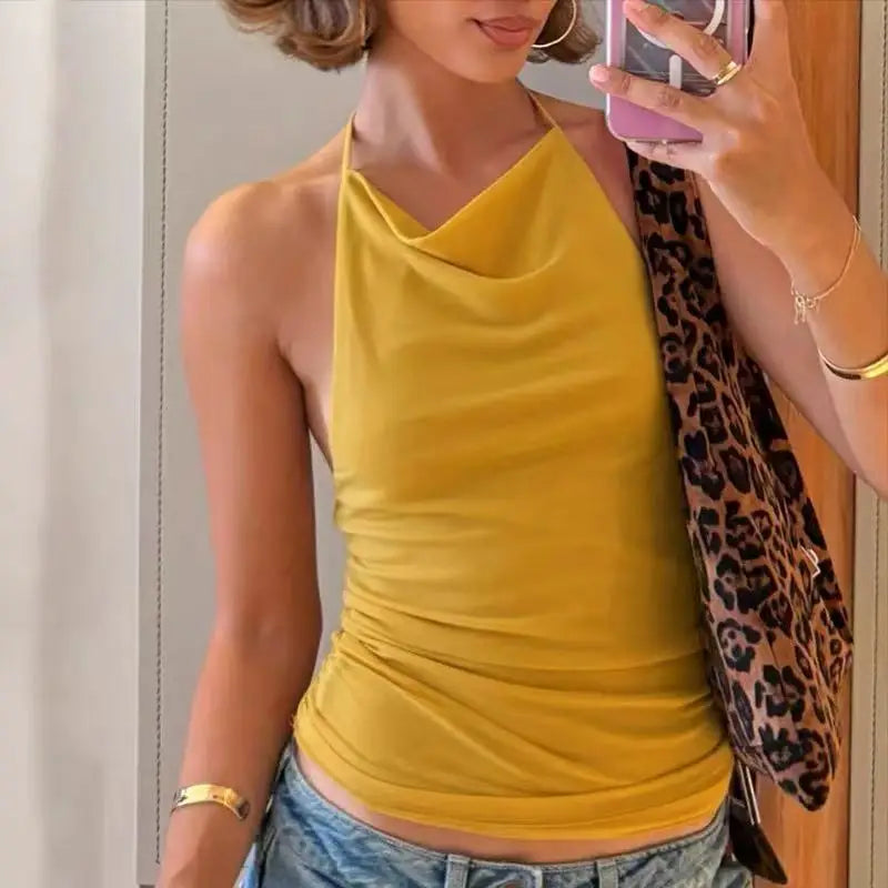Women's Solid Halter Camisole Top Summer Outfit Backless Ruched Yellow Cropped Top Vest