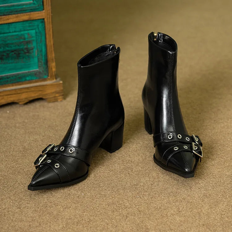 Women's Leather Metal Belt Buckle Short 6cm Square Heel Rivet Boot Back Zipper Boots