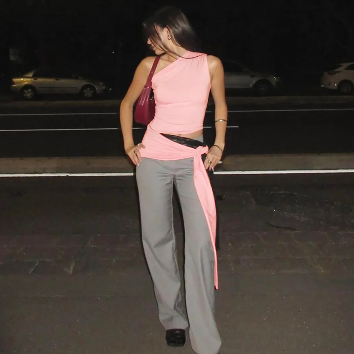 Women's One Shoulder Solid Lace Up Top Summer Outfit Backless Sleeveless Crop Tank Coquette