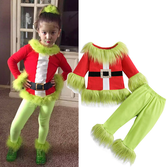 Kids Christmas Outfit Set - Furry Plush Patchwork Top & Elastic Waist Pants