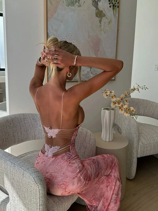 Women's Maxi Backless Butterfly Print Sleeveless Thin Line Summer Party Dress