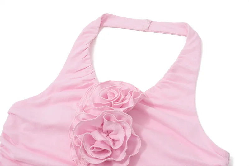 Women's Pink Floral Applique Halter Top - Y2K Backless Ruched Cropped Coquette Vest