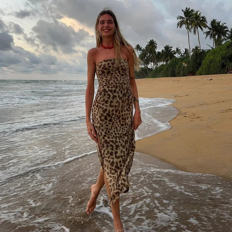 Women's Vintage Leopard Print Straps Long Slip Backless Dress