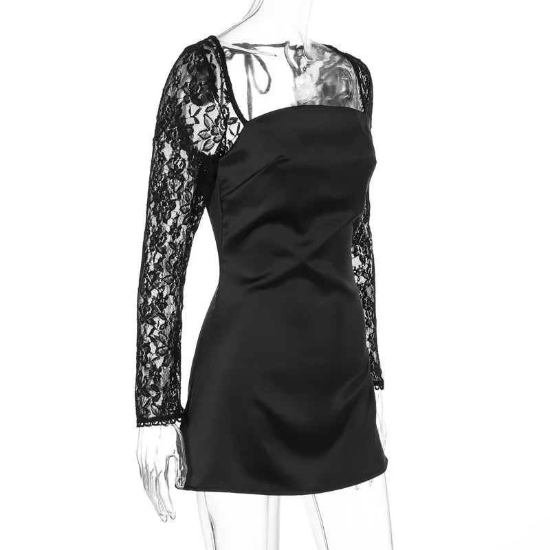 Women's Lace Long Sleeve Mini Square Collar Backless A-line High Waist Party Dress