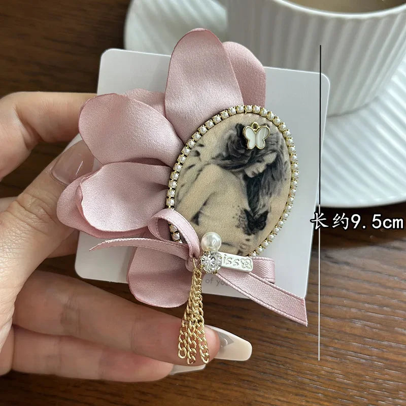 Rhinestone Pearl Badge Brooches - Pink Fabric Bow Lapel Pin for Women