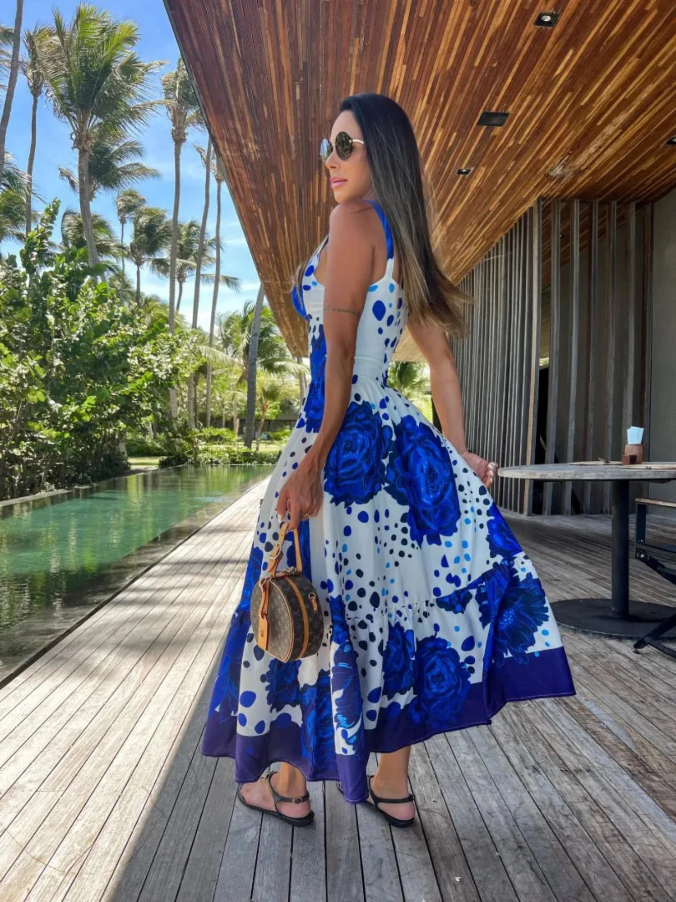 Women's Floral Printed Elegant Sleeveless Long Lace Up Robe Summer Bodycon Dress