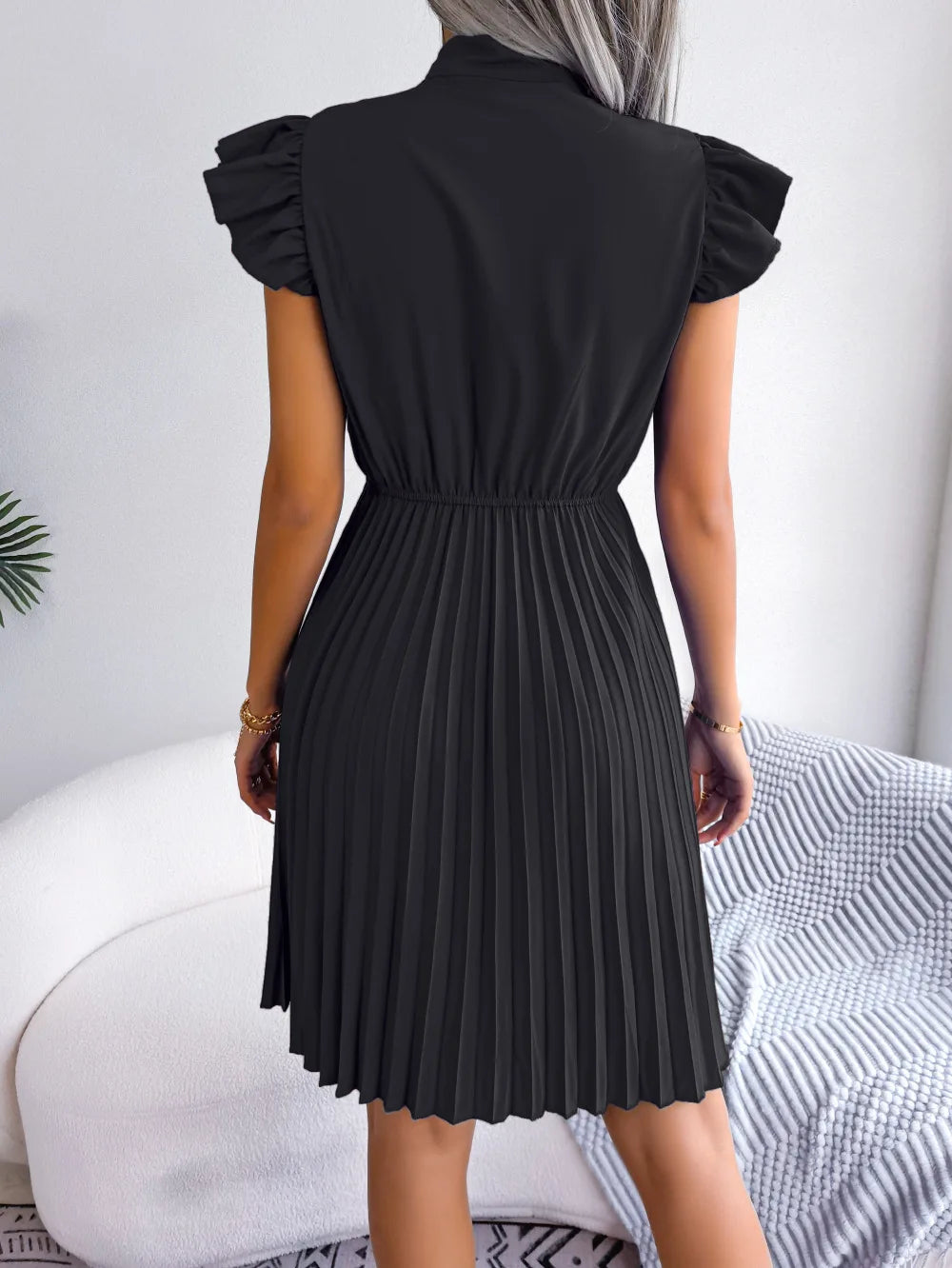 Women's Spring Summer Elegant Lace Up High Waist Large Fold Bow Collar Pleated Dress