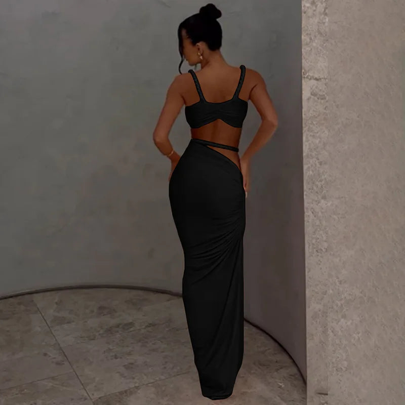 Women's Ruched Bandage 2 Piece Set Backless Decorative Cord Top and Skirt Dress Set
