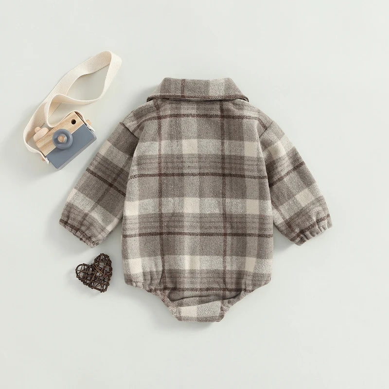 0-24M Infant Baby Boys Gentlemen Romper - Long Sleeve Turn Down Collar Plaid Printed Jumpsuit