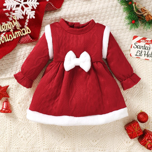 Baby Girls Christmas Dress - Long Sleeve Bow Patchwork Winter Party Dress