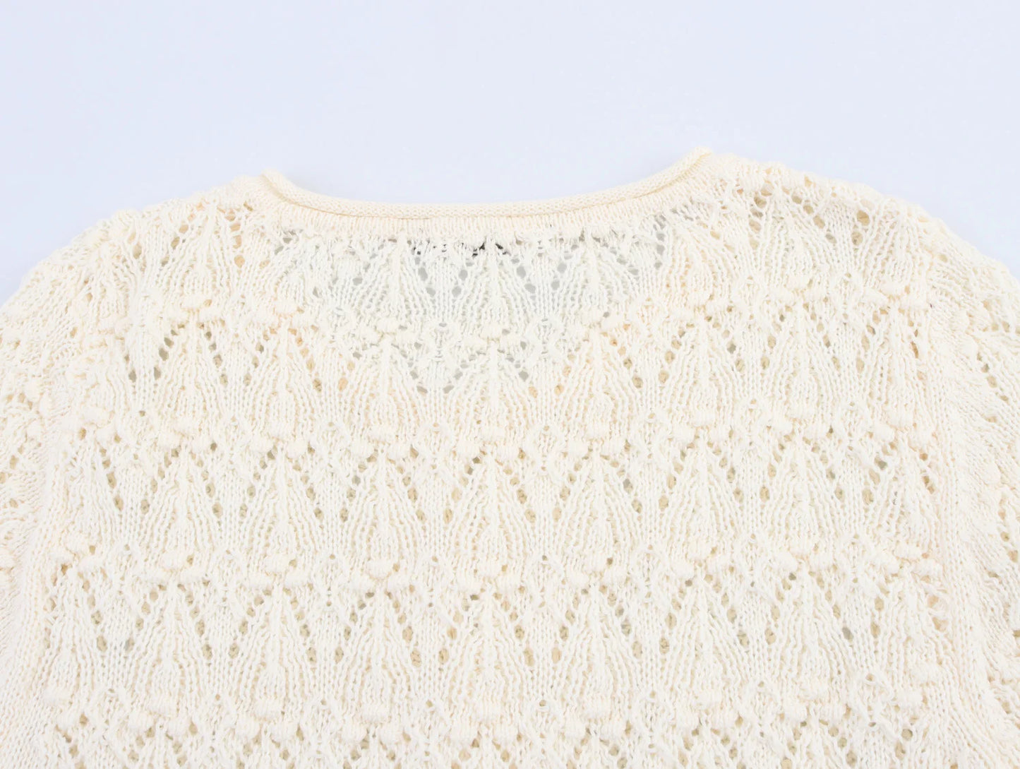 Women's Summer Hollow Embroidery Decoration Splicing Knitted Style Round Neck Short Sleeved Top