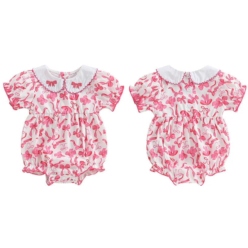 0-18M Summer Baby Girls Sweet Romper Short Sleeve Bow Embroidery Doll Collar Print Jumpsuit