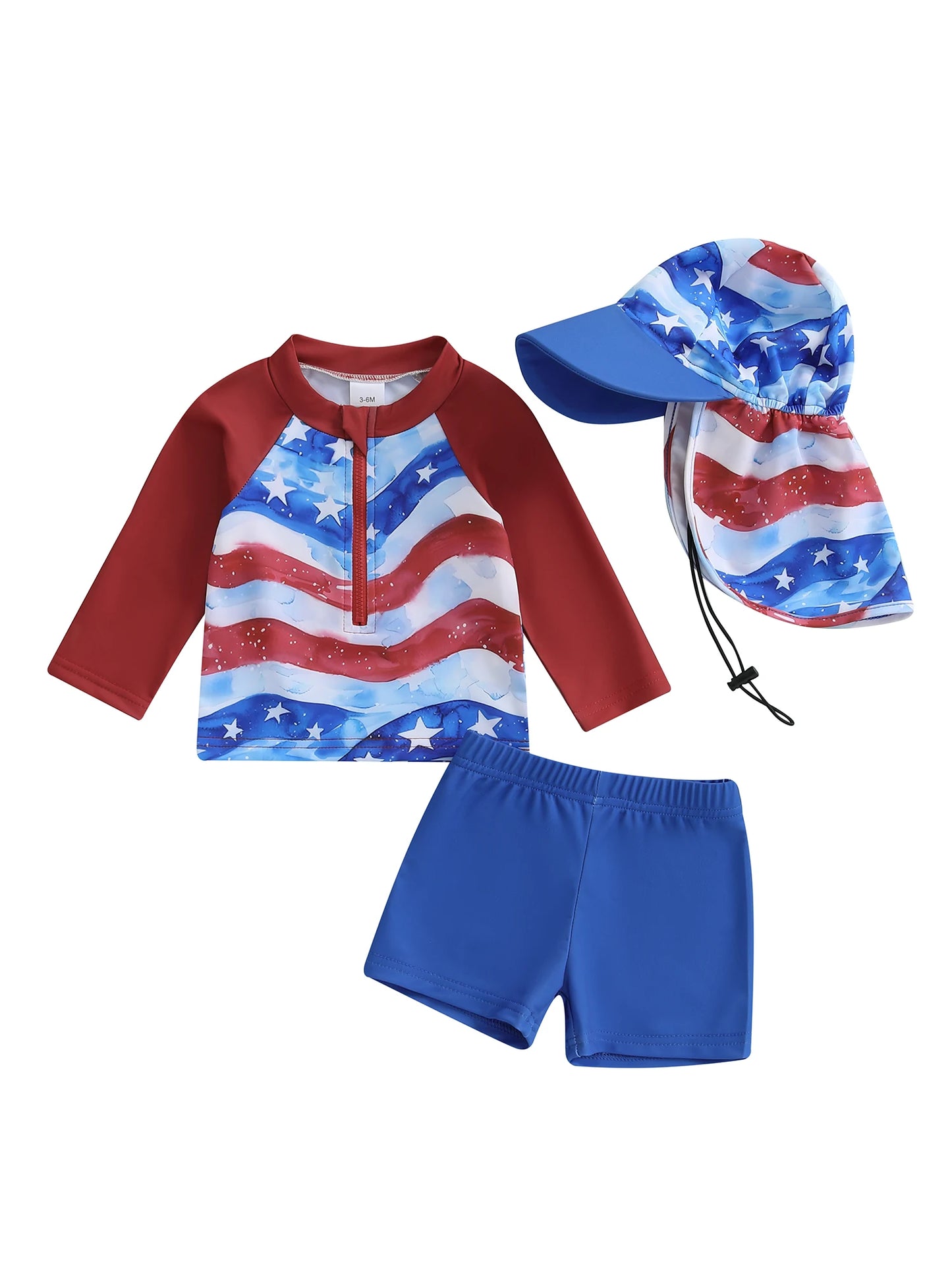 0-5Y American Flag Kids Boys 4th Swimwear Clothes Sets Long Sleeve Stars Print T-shirt with Shorts and Hat