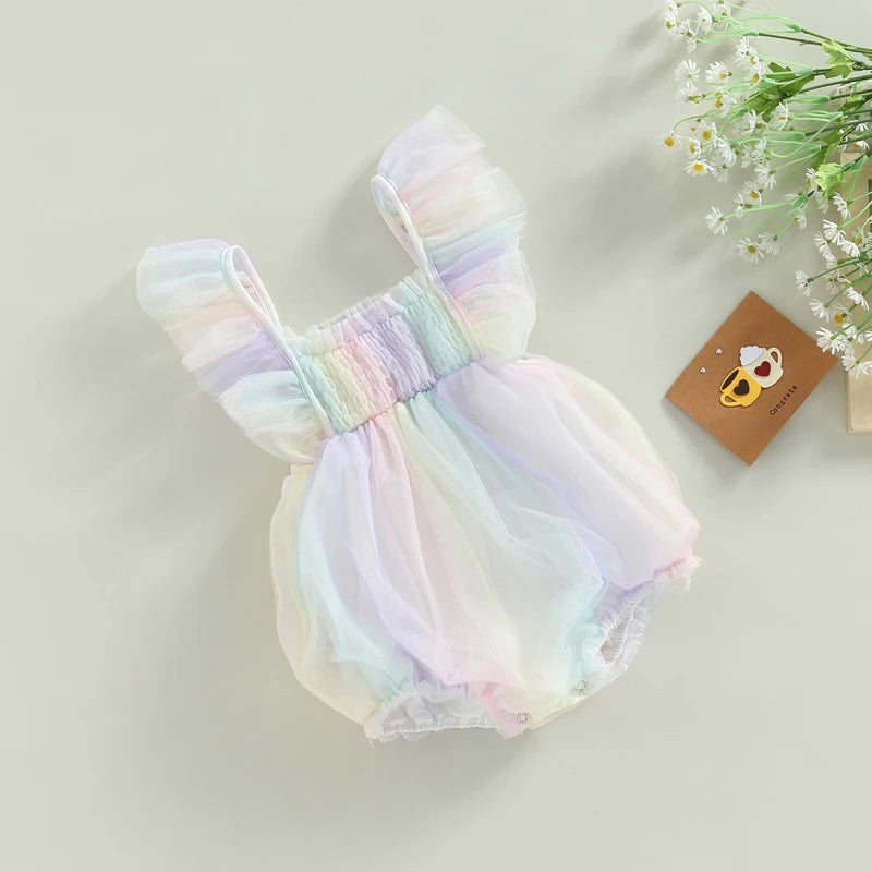 0-18M Baby Girls Romper Fly Sleeve Square Neck Tie-dye Print Lace Mesh Tulle Jumpsuit