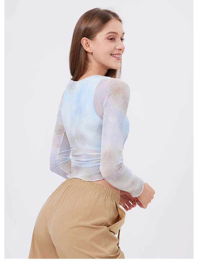 Women's Long Sleeve Yoga Shirt Women Tie-Dye 2 In 1 Gym Crop Top Slim Fit Breathable Running Top With Chest Pads Sportswear