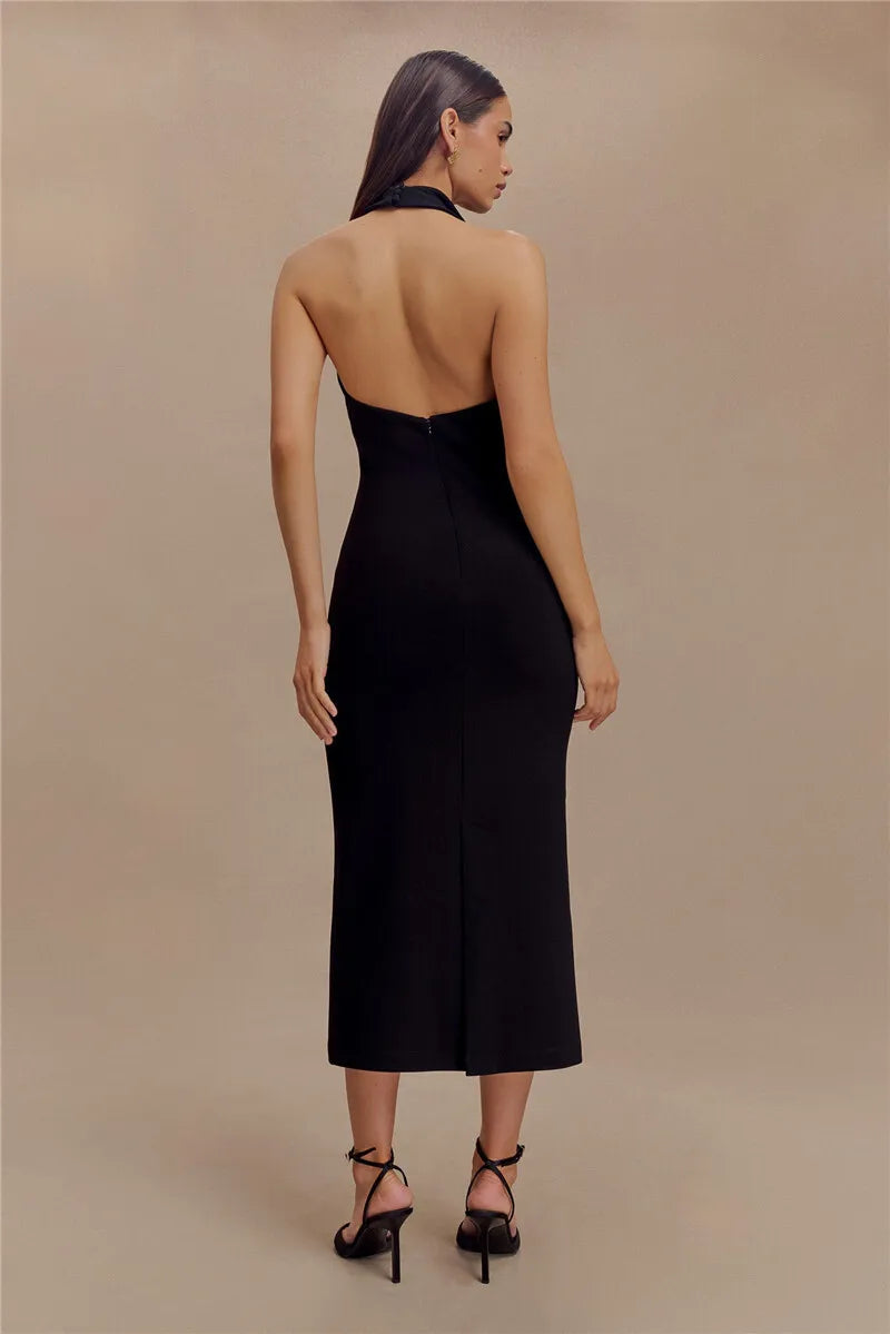 Women's Halter Deep V Neck Sleeveless Maxi Elegant Backless Bodycon Tank Long Dress