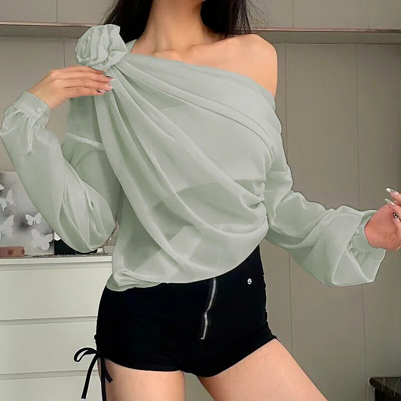 Women's Folds Flower Cover Up Mesh Sheer Long Sleeve Oversized See Through Cover-up Shirt