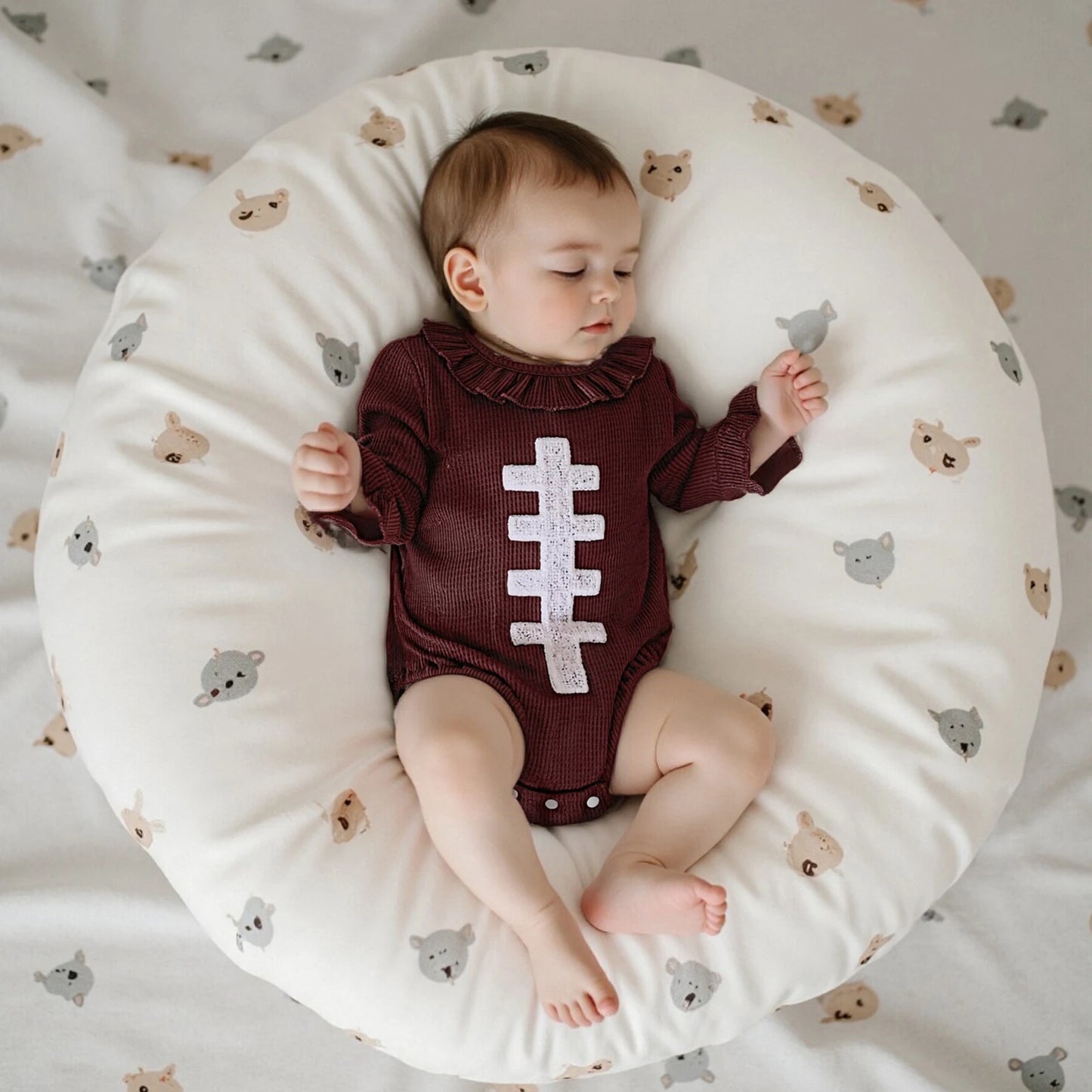 Baby Autumn Winter Romper - Football Embroidery Long Sleeve Ruffled Jumpsuit (0-18M)