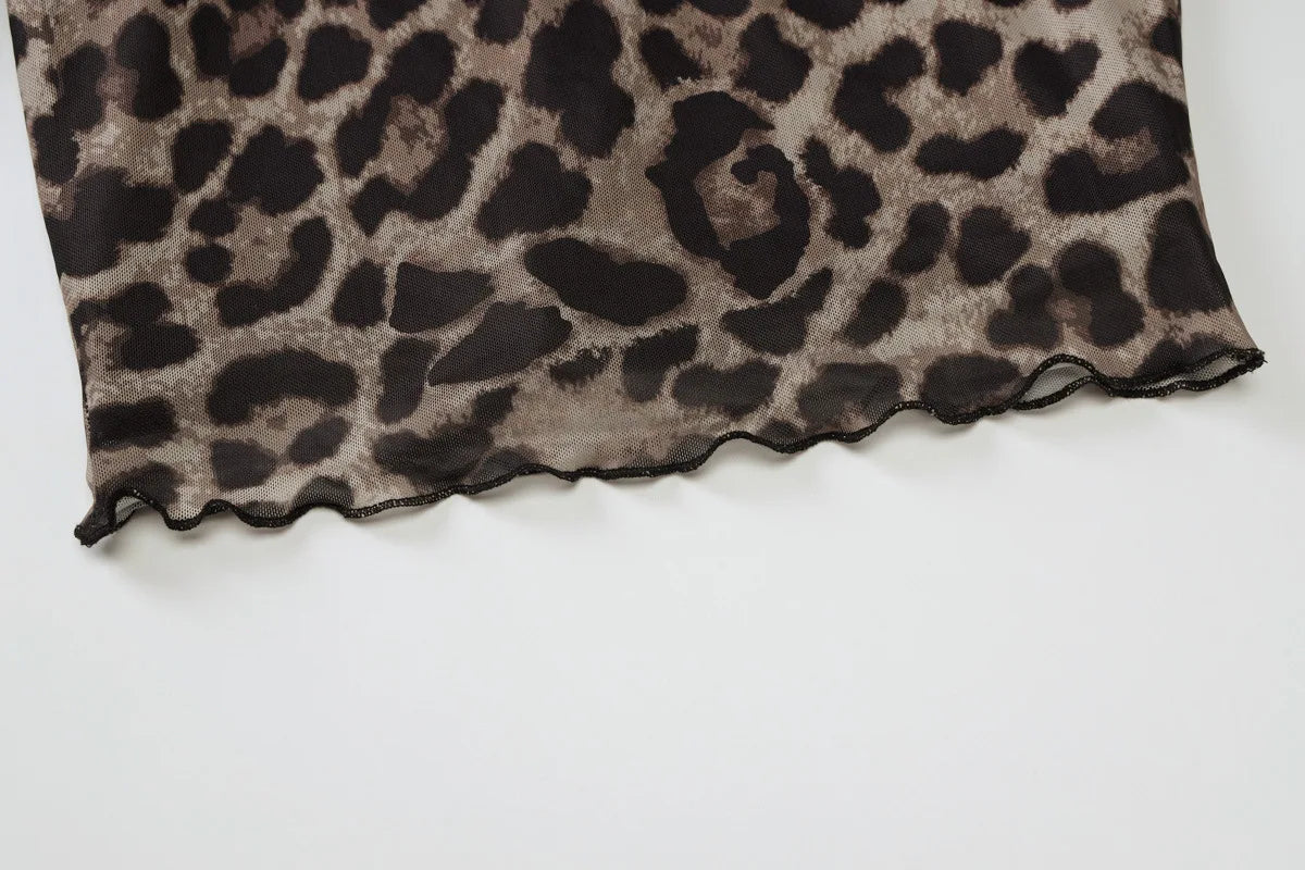 Women's Chic Off Shoulder Leopard Print Long Sleeve Mesh Sheer Slim Cropped Top Coquette