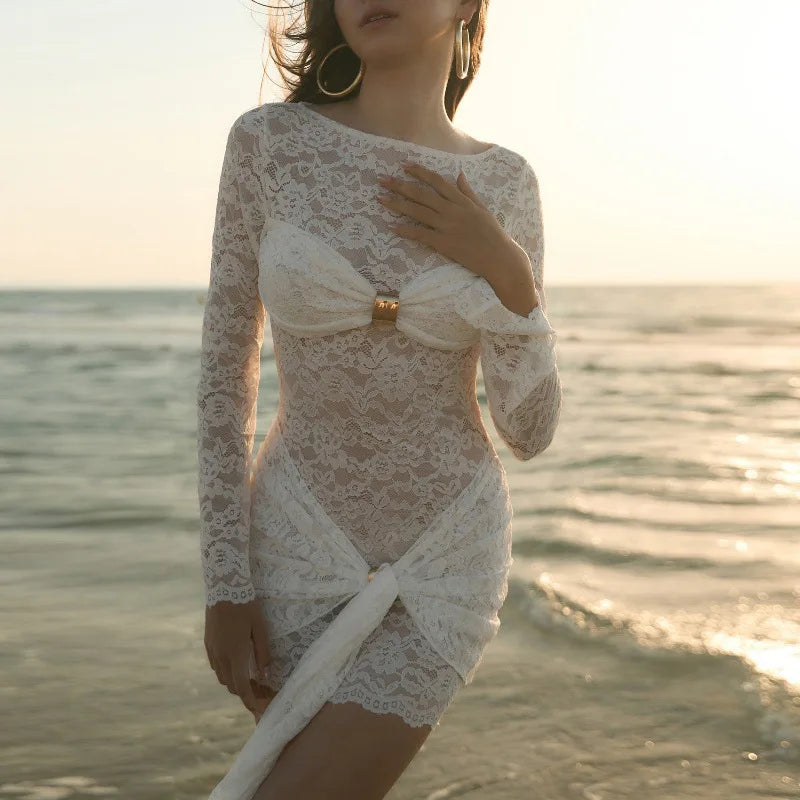 Women's Embellished Lace Hollow Out Mini Dress - Flare Sleeve See Through Wrap