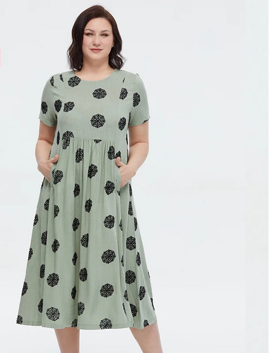 Women's Summer Elegant Cotton Oversize Office Polka Dot Embroidery Design Pocket Long Dress
