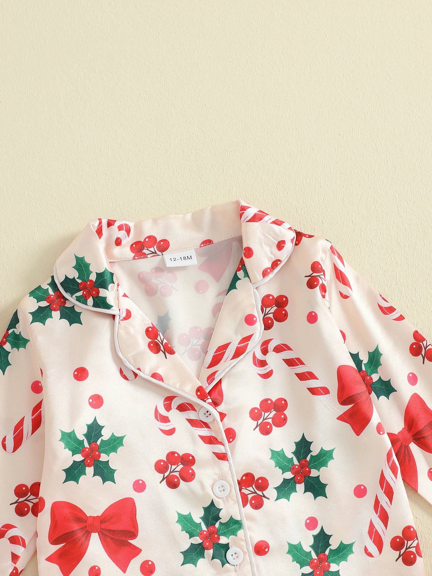 Kids Girls Christmas Satin Pyjamas Set - Candy Cane Bow Print Button Down Top & Pants (0-7Y)