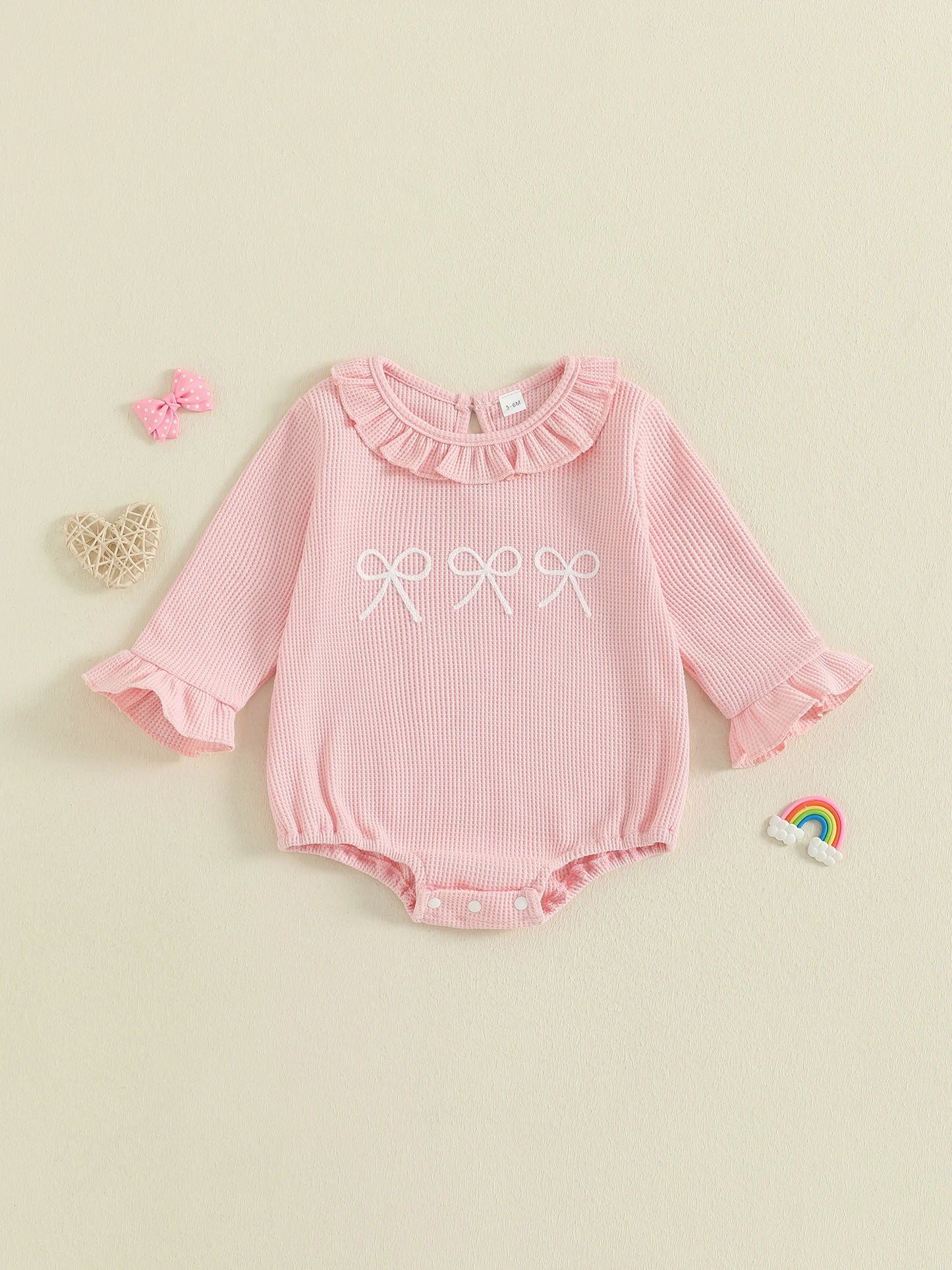 Lovely Baby Girls Bubble Romper - Bow Embroidery Long Sleeve Ruffle Jumpsuit (0-18M)