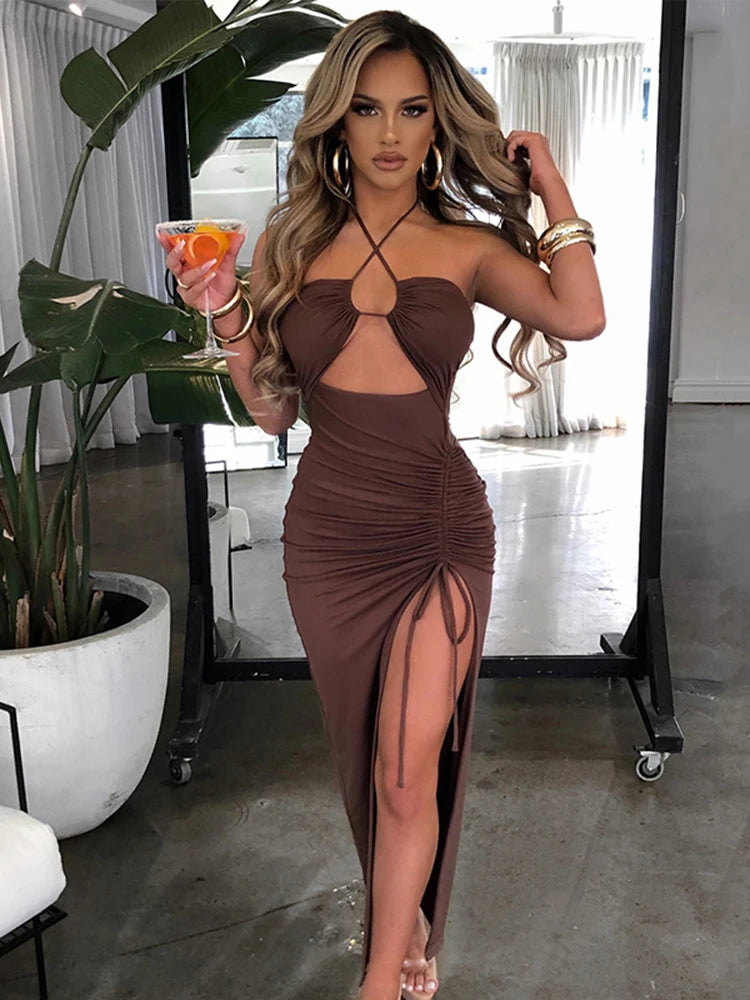 Women's Halter Backless Sleeveless Cut Out Maxi Elegant Party Slit Dress