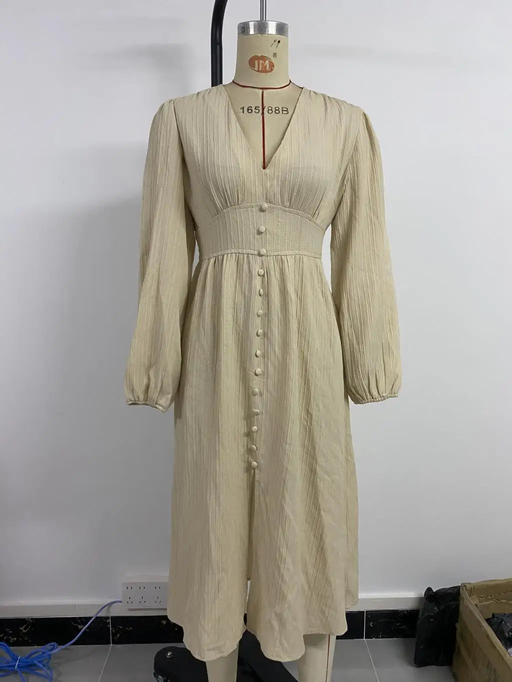 Women's Autumn Winter Long Sleeve Elegant V-neck Chiffon A-Line Knee Length High Waist Dress