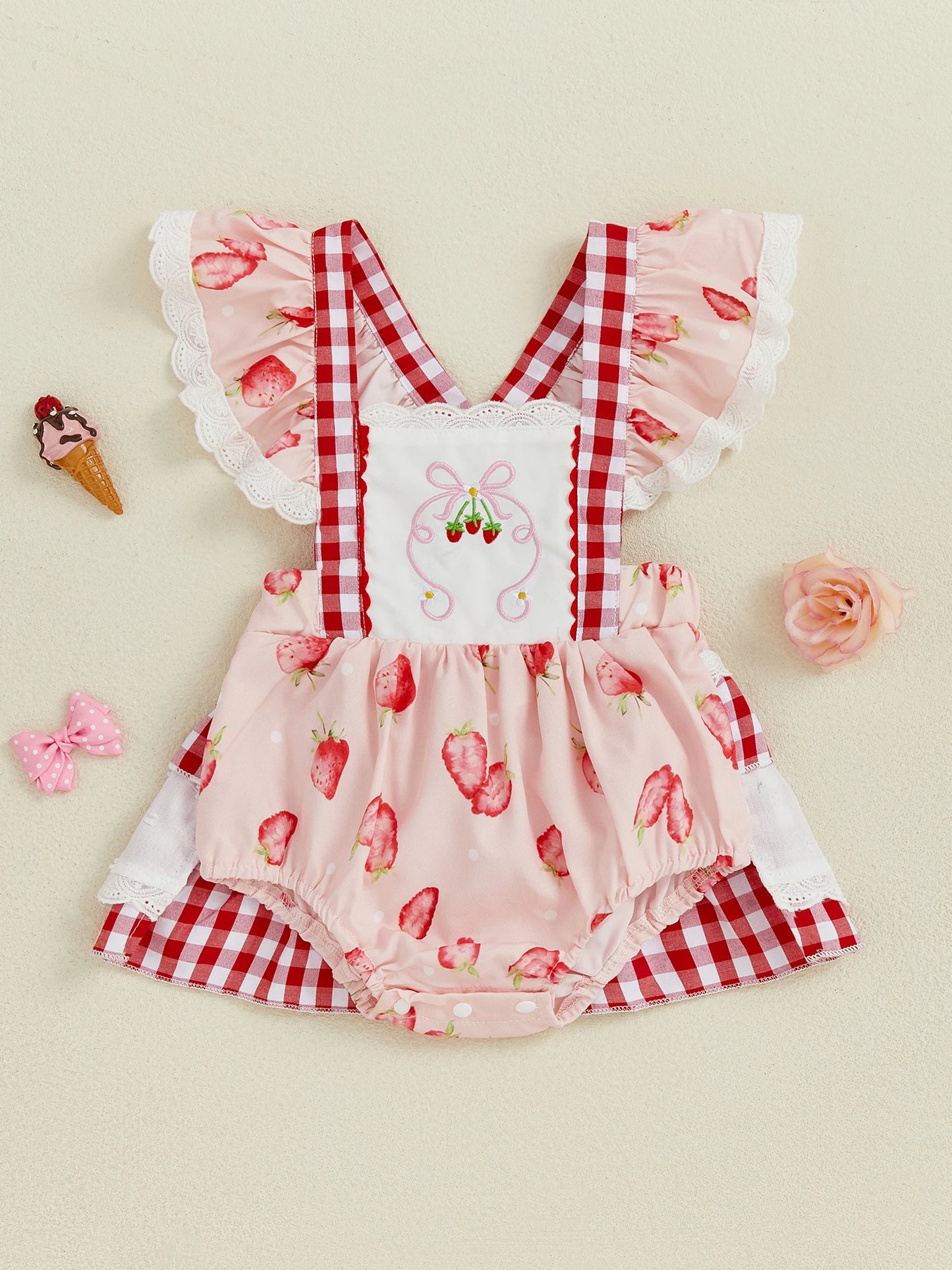 Baby Girls Strawberry Plaid Romper Dress - Flutter Sleeve Summer Jumpsuit (0-24M)