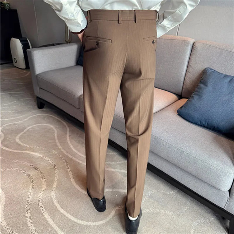 Men's Elastic Waist Suit Trousers - Smart Casual Solid Striped Pants for Autumn Winter